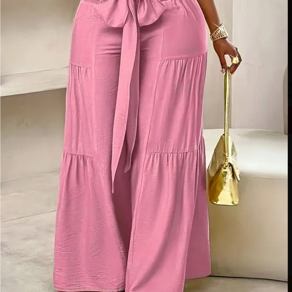 Dusty Rose High-Waisted Wide Leg Pants with Tie Belt